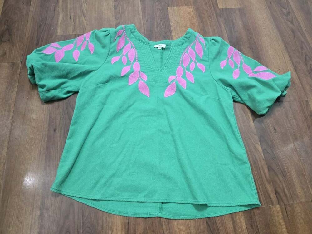 VOY Green Floral Lace V-NeckBoho Embroidered Puff Bubble Sleeve Cotton Linen Mix - Picture 15 of 15